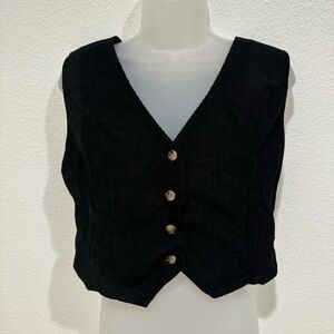 shein black button down sleeveless corduroy v neck vest  jacket sweater top